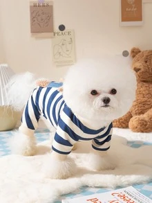 1入組條紋印花熊裝飾寵物連體褲 - 藍色 - 查看 4