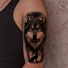 一次性假纹身，半臂纹身贴纸 4 张狼纹持久临时纹身适合男士 - 黑與白 - 查看 3