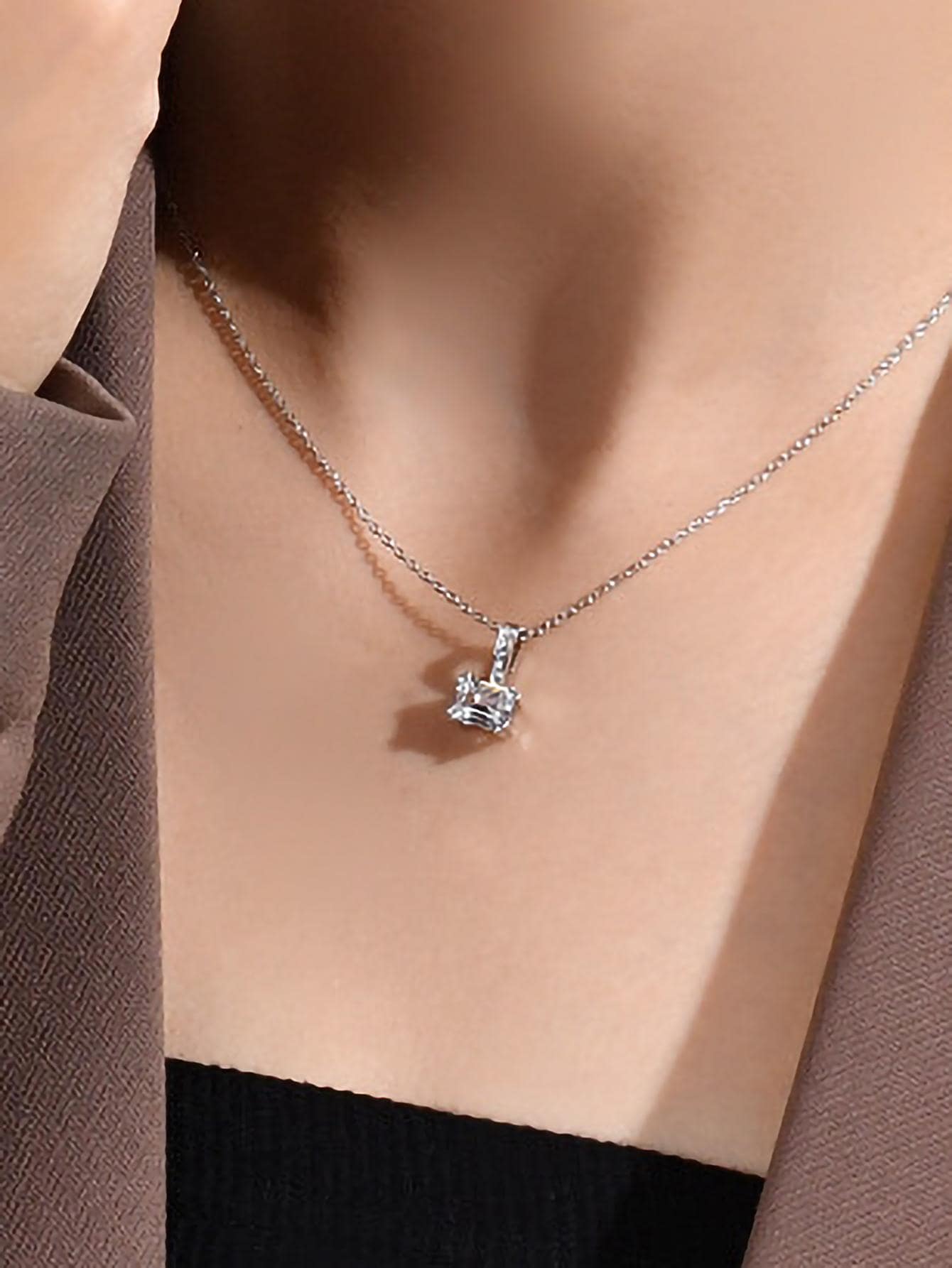 Cubic Zirconia Decor Sterling Silver Necklace - Silver - View 1