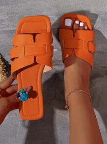 Xăng-đan màu cam ngộ nghĩnh dành cho nữ, Xăng-đan trượt cut out dập nổi bằng da rắn - Màu Cam cháy - Xem 1