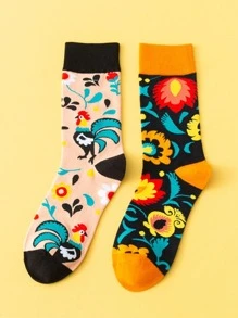 2雙男士花朵圖案中筒襪 - 彩色 - 查看 2