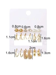 18入組夏天金屬明亮心珍珠方晶鋯石女士耳環套裝 - 金黃色 - 查看 6