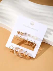 18入組夏天金屬明亮心珍珠方晶鋯石女士耳環套裝 - 金黃色 - 查看 4