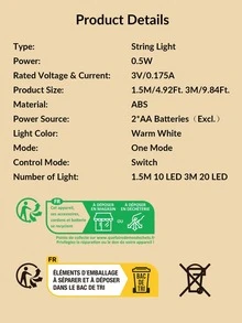 1Pc 10/20 Led 1.5/3M Dây Đèn, Đèn Trang Trí Độ Dài Hiện Đại Cho Gia Đình - Màu vàng - Xem 9