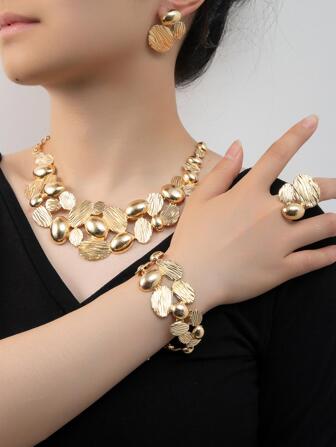 5pcs/set Glamorous Textured Oval Decor Jewelry Set For Women For Party