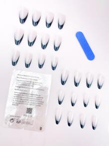 24pcs Black & Silver V-Shaped French Tip Long Almond Fake Nail Kit Full Cover Press On Nails Add A Touch Of Luxury To Your Fingertips - Black - View 2