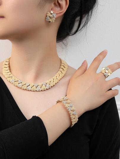 5 حبات / مجموعة من طقم مجوهرات أنيق ومزين بالراين ستون بشكل قلب للنساء لحفلات عيد الحب ، عيد الأم ، هدية