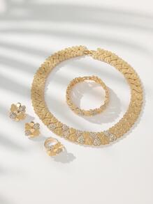 5pcs/Set Glamorous Rhinestone Heart Decor Jewelry Set For Women For Party Valentines,Mom,Mother,Mother's Day,Gift - Gold - View 4