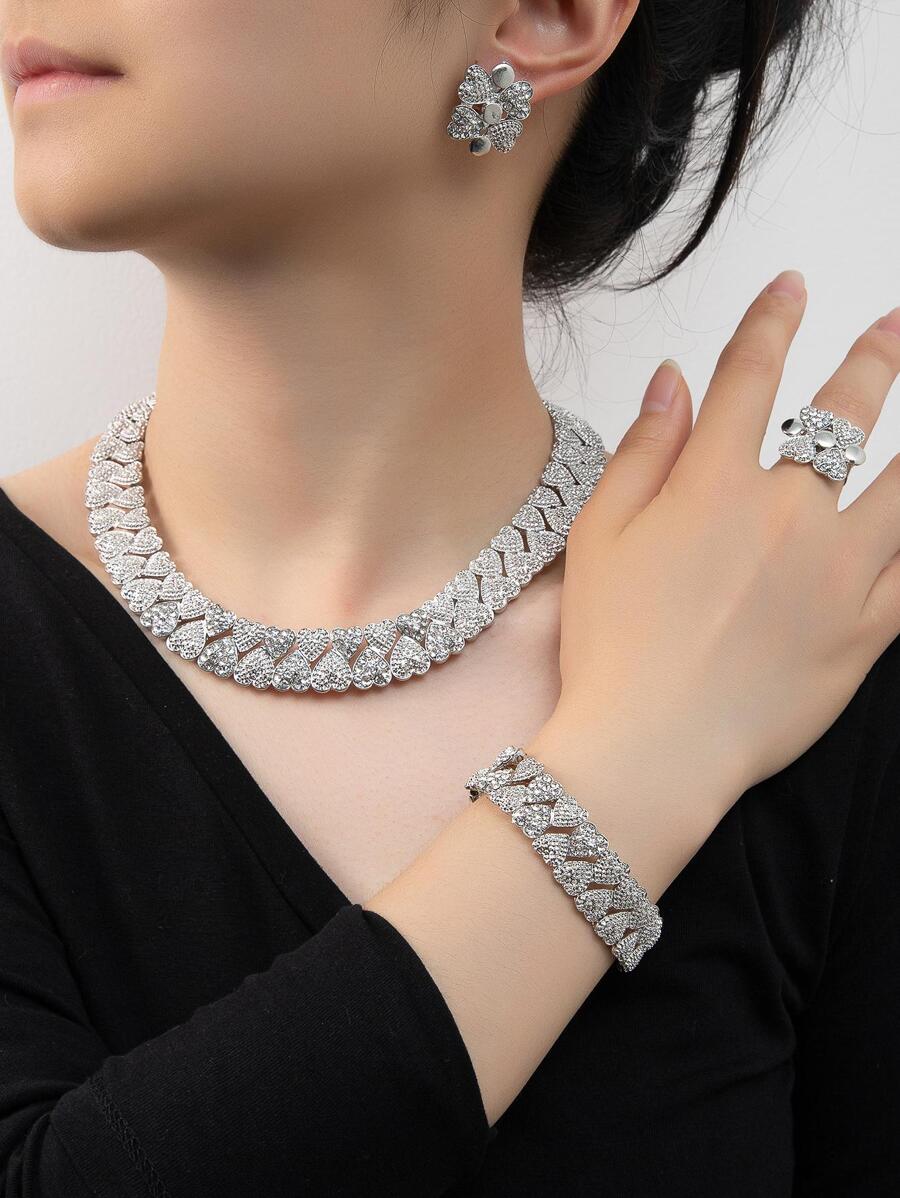 5pcs Rhinestone Heart Decor Jewelry Set Valentines,Mom,Mother,Mother's Day,Gift