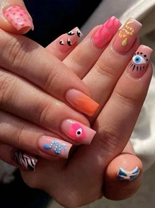 Upgrade Your Look With 24pcs Long Square Heart Print Full Cover Fake Nail Kit - Multicolor - View 1