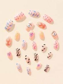 Upgrade Your Look With 24pcs Long Square Heart Print Full Cover Fake Nail Kit - Multicolor - View 3