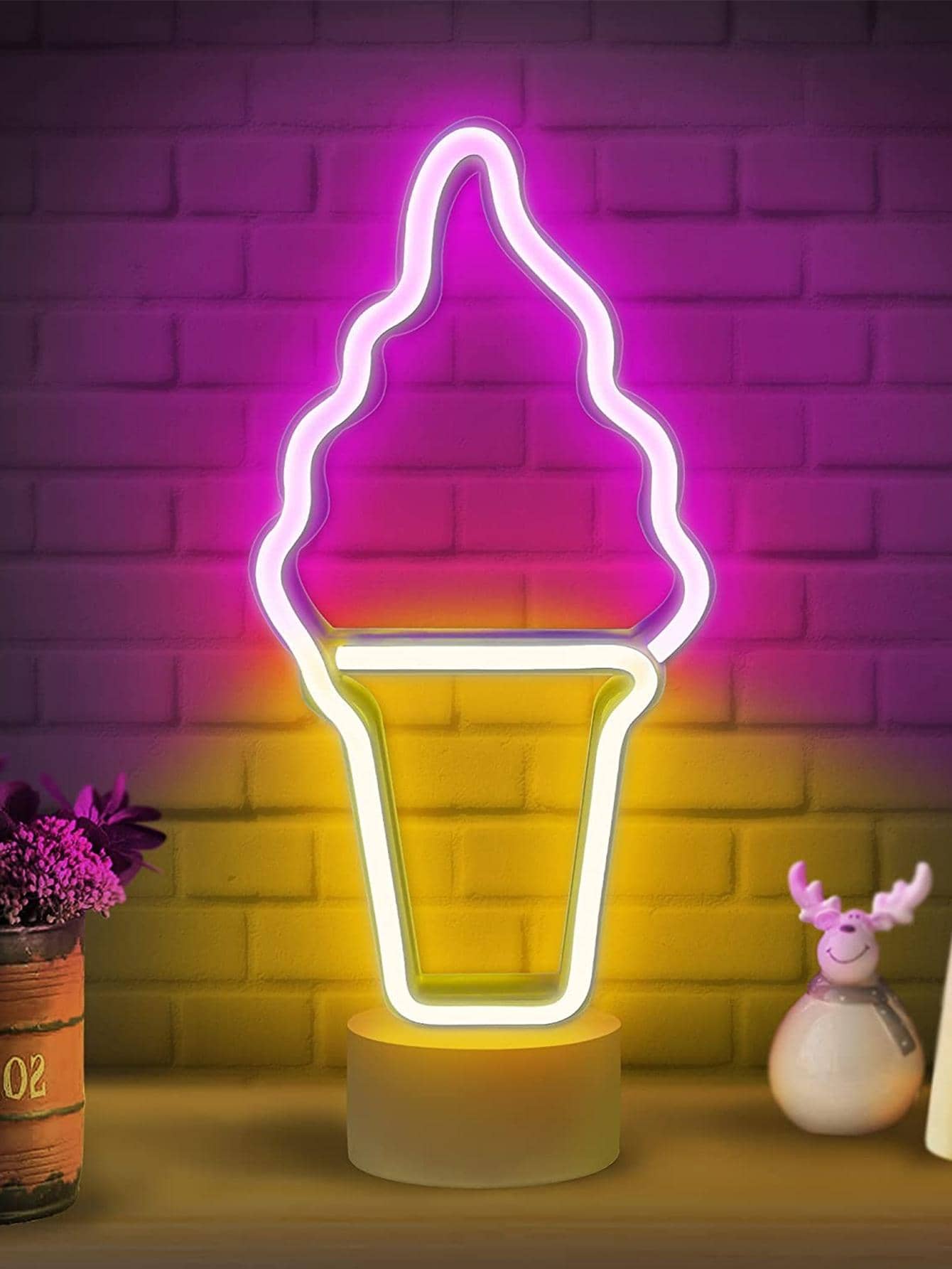 1個冰淇淋霓虹燈,冰淇淋霓虹燈臥室裝飾,可用電池/usb操作的冰淇淋造型夜燈,配有底座,適用於兒童托兒所酒吧休閒派對裝飾,粉色+黃色 - 黃色 - 查看 1