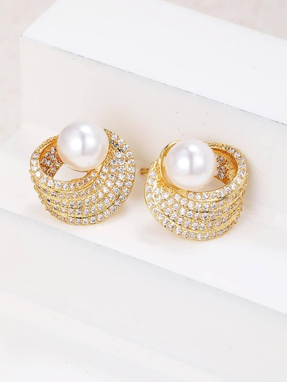 1pair Faux Pearl & Cubic Zirconia Decor Stud Earrings | SHEIN USA