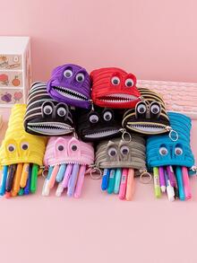 1入組卡通設計鉛筆袋，創意拉鍊設計鉛筆袋、學校 - 黑色 - 查看 3