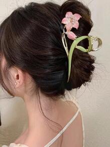 1pc Women Flower Design Sweet Style Large Hair Claw For Daily Life Boho, Claw Clip - Pink - View 3