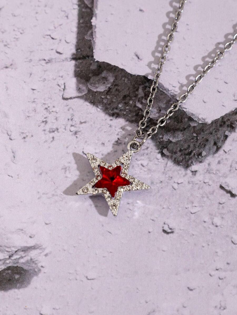 Rhinestone Star Pendant Necklace - Red - View 1