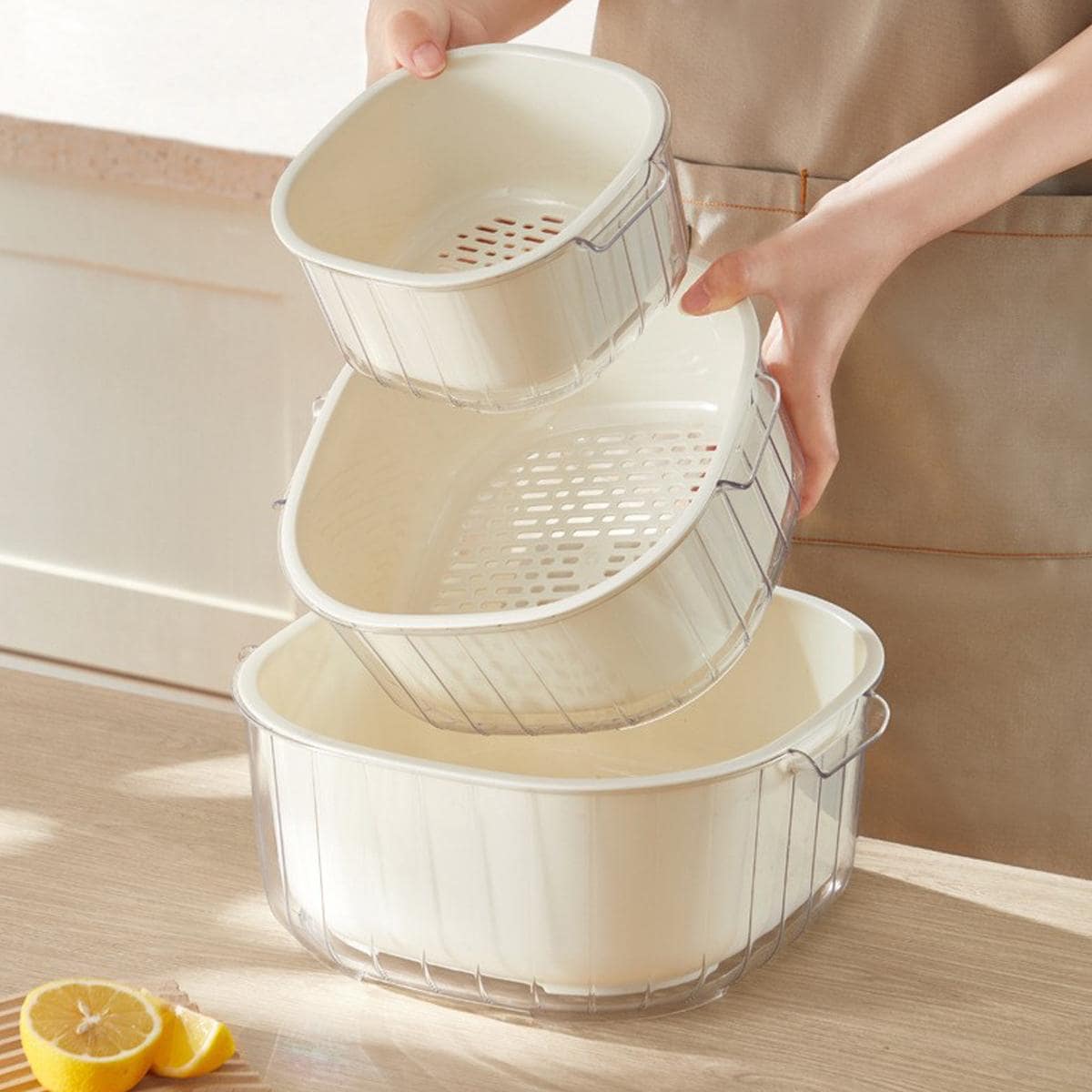 1pc Double Layer Food Storage Bag, Simple Plastic Fruit Vegetable Drain Basket For Kitchen - White - View 1