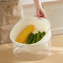 1pc Double Layer Food Storage Bag, Simple Plastic Fruit Vegetable Drain Basket For Kitchen - White - View 7