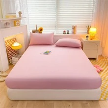 1pc Pink Fitted Sheet, Simple Plain Color Non-slip Bedding Fitted Sheet For Bedroom, All Season - Pink - View 1