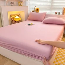 1pc Pink Fitted Sheet, Simple Plain Color Non-slip Bedding Fitted Sheet For Bedroom, All Season - Pink - View 8