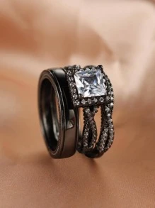 Vanel Nhẫn trang trí 3 khối Zirconia - màu đen - Xem 4