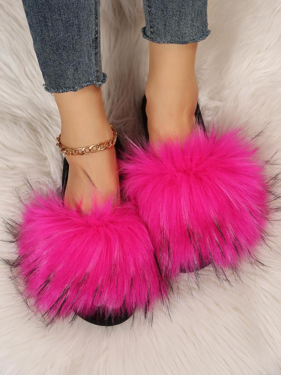 時尚臥室拖鞋適用於女士毛茸茸室內一腳蹬家居拖鞋 - 玫紅色 - 查看 1