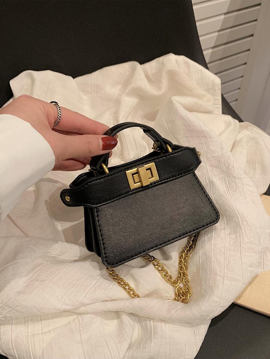 迷你雙色扭鎖翻蓋方包素色 - 黑色 - 查看 1