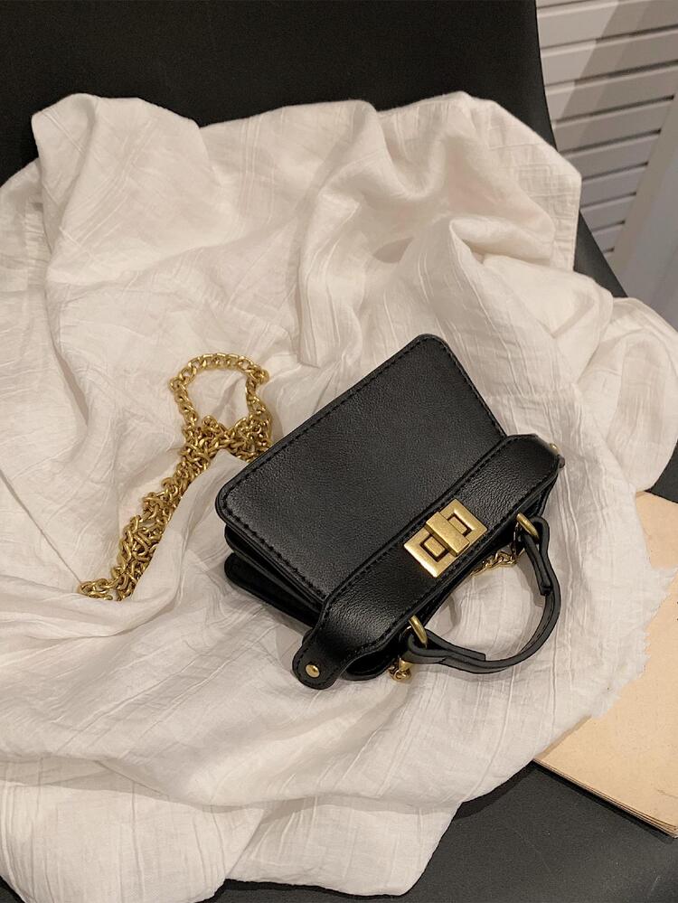Bolsa cuadrada mini de dos tonos con cerradura girante con solapa unicolor - Negro - Añade 5