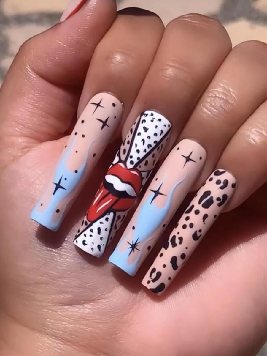 Upgrade Your Look With 24pcs Long Coffin Leopard Print Novelty Full Cover Fake Nail Kit - Multicolor - View 1