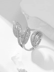 1 件铜合金锆石镶嵌枫叶设计戒指，优雅戒指，适合女性日常佩戴 - 銀色 - 查看 1