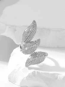 1 件铜合金锆石镶嵌枫叶设计戒指，优雅戒指，适合女性日常佩戴 - 銀色 - 查看 2