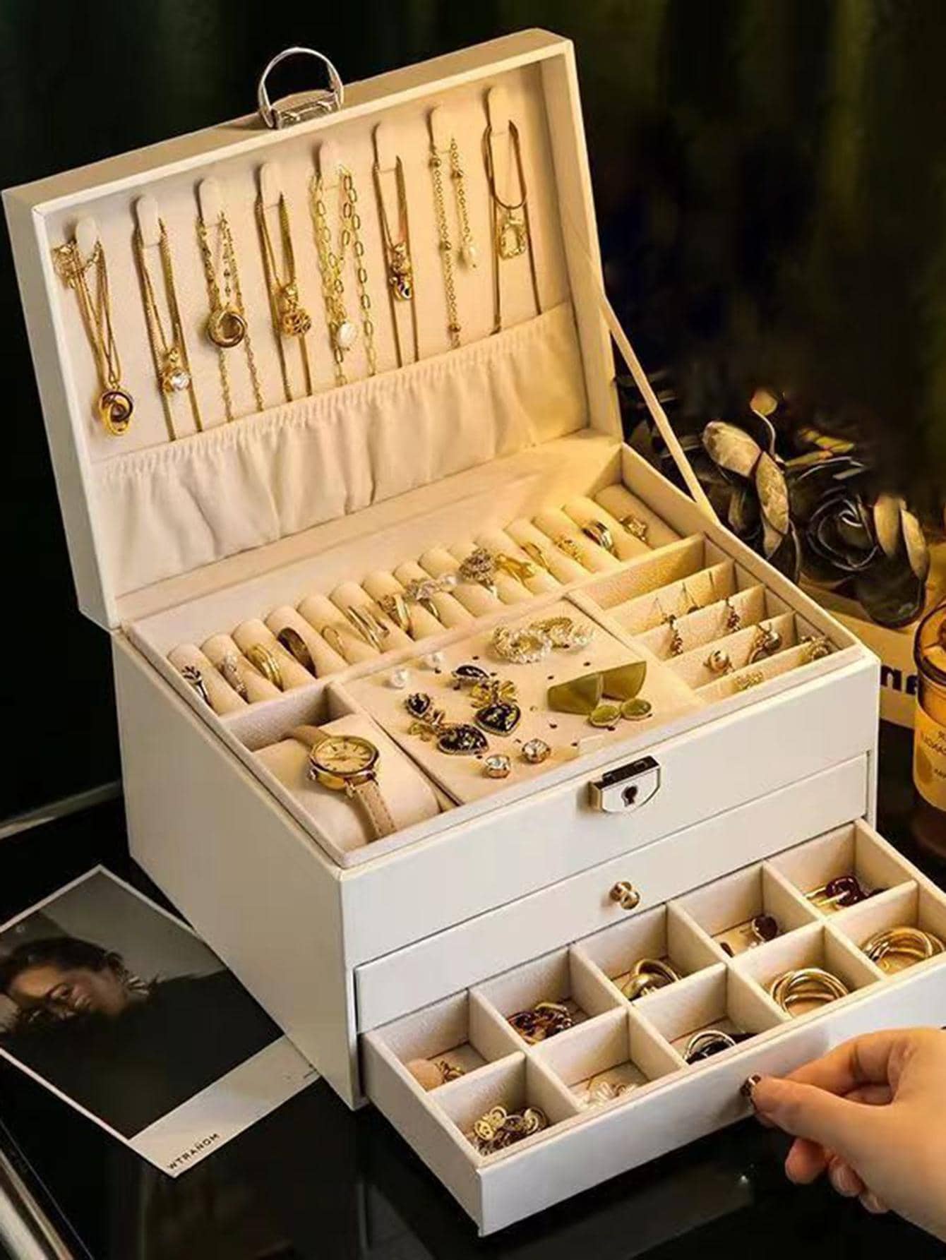 KAMIER Scatole per gioielli da donna, organizer per gioielli a 4 strati con specchio, 3 cassetti, grande portagioie per bracciali, orecchini, anelli