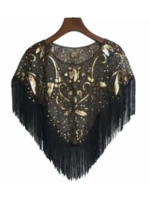 1pc Women Sequin Decor Fringe Trim Fashion Shawl For Party
