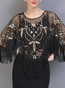 1pc Women Sequin Decor Fringe Trim Fashion Shawl For Party
