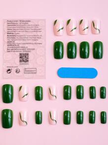 Upgrade Your Look With 24pcs Deep Green Long Square French Style Full Cover Fake Nail Kit - Multicolor - View 2