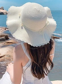 1入組女士卡其色草編帽草編編織帽夏天郊遊防曬霜海灘太陽帽珍珠太陽帽 - 白色 - 查看 2