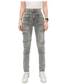 Pantalon Cargo Dama Mezclilla Tiro Alto Stretch Calidad - Óxido marrón - Ver 1