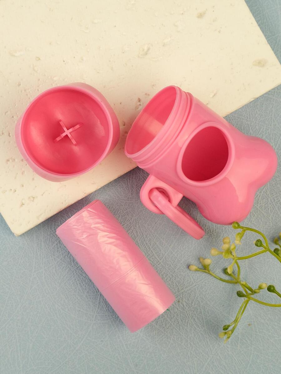 1pc Plain Pet Poopbag & 1pc Bone Shaped Poopbag Storage Box For Outdoor - Pink - View 1