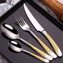 2pcs/set Stainless Steel Spoon & 1pc Fork & 1pc Knife, Modern Two Tone Tableware Cutlery Set For Kitchen - Gold - View 1