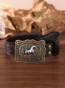 1pc Men Horse Detail Square Buckle Vintage Belt For Daily Decoration