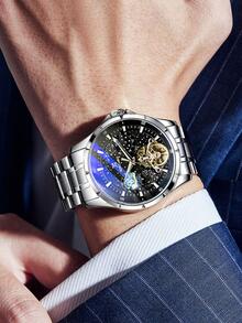 1pc Men Silver Stainless Steel Strap Business Glow In The Dark Water Resistant Skeleton Round Dial Mechanical Watch, For Daily Life - Black - View 3