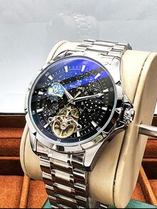 1pc Men Silver Stainless Steel Strap Business Glow In The Dark Water Resistant Skeleton Round Dial Mechanical Watch, For Daily Life - Black - View 6