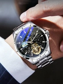 1pc Men Silver Stainless Steel Strap Business Glow In The Dark Water Resistant Skeleton Round Dial Mechanical Watch, For Daily Life - Black - View 1