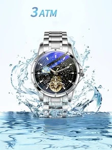 1pc Men Silver Stainless Steel Strap Business Glow In The Dark Water Resistant Skeleton Round Dial Mechanical Watch, For Daily Life - Black - View 4