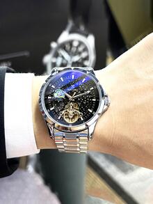 1pc Men Silver Stainless Steel Strap Business Glow In The Dark Water Resistant Skeleton Round Dial Mechanical Watch, For Daily Life - Black - View 7