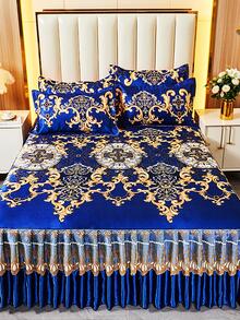 1件装冰丝透气印花床裙，大花卉图案，适用于家庭卧室、学生宿舍，单人/双人尺寸，多种规格可选 - 彩色 - 查看 1