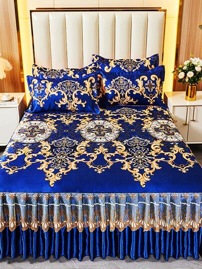 1 pieza Falda de cama impresa de seda de hielo, transpirable, con estampado floral grande, adecuada para el hogar, dormitorio, dormitorio de estudiantes, tamaño individual/doble, múltiples especificaciones