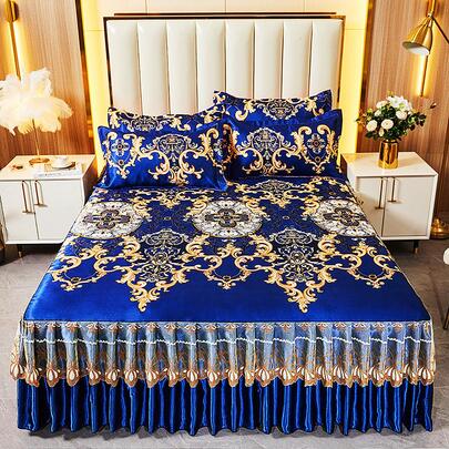 1pc Ice Silk Breathable Printed Bed Skirt, Large Floral Print, Suitable For Home Bedroom, Student Dormitory, Single/Double Size, Multiple Specifications