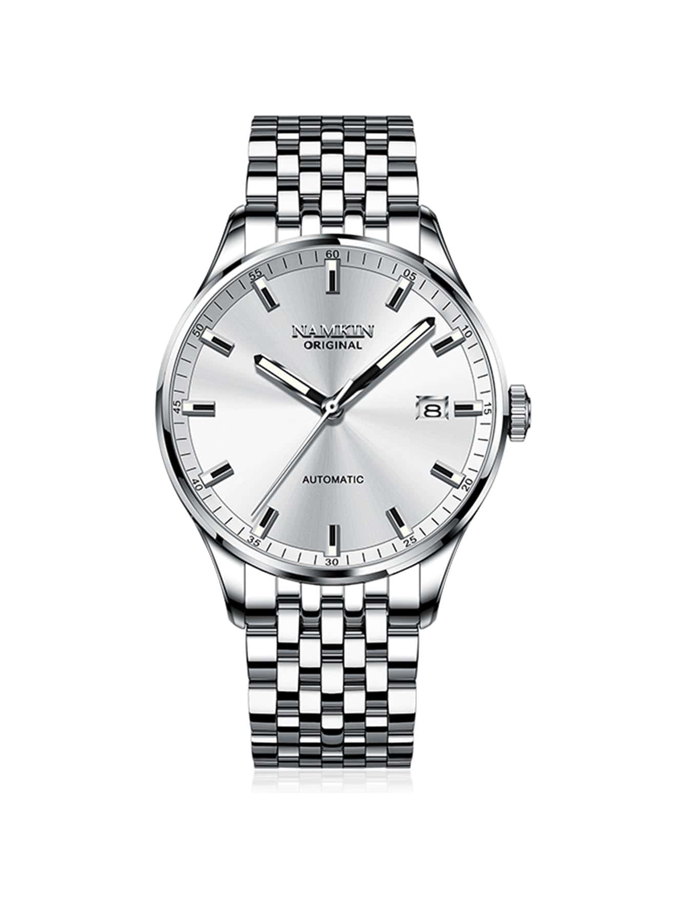 NAMKIN 1pc Men Silver Stainless Steel Strap Business Date Round Dial Mechanical Watch, For Daily Life - White - View 1