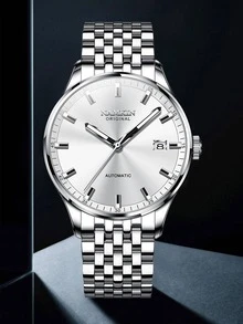 NAMKIN 1pc Men Silver Stainless Steel Strap Business Date Round Dial Mechanical Watch, For Daily Life - White - View 3